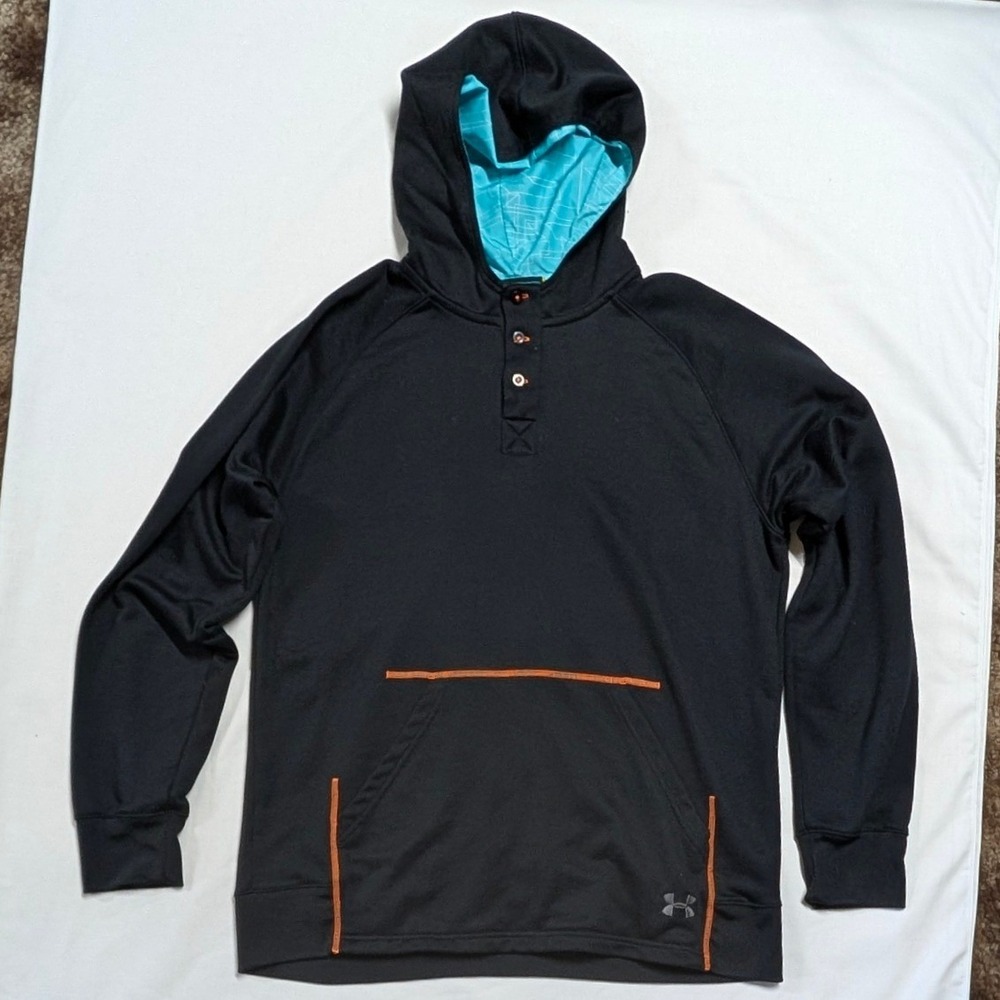 Under Armour Men's XL Black Henley Hoodie Orange Trim Loose Fit Pullover